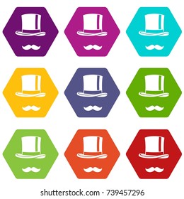 Cylinder and moustaches icon set many color hexahedron isolated on white vector illustration