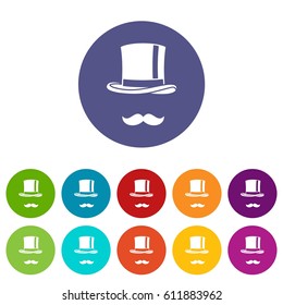 Cylinder and moustaches set icons in different colors isolated on white background