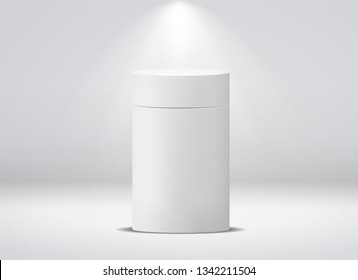 Cylinder package. White round empty paper box for food soup tea coffee vector isolated canister template