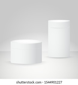 Cylinder package. White round empty paper box for food soup tea coffee vector isolated canister template