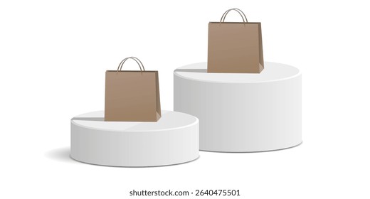 Cylinder pedestal and platform podium stage with blank shopping bag vector. Ideal for product promotion, e-commerce mockup, branding presentation, sale event, and store advertising visuals.