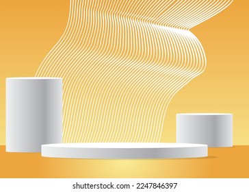 Cylinder pedestal podium with gold. Abstract Mockup product display. Realistic vector 3D room. Stage showcase for product display presentation. Futuristic Sci-fi minimal geometric forms, empty scene.