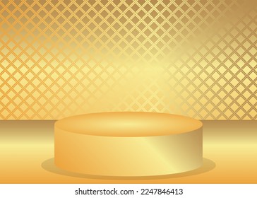 Cylinder pedestal podium with gold. Abstract Mockup product display. Realistic vector 3D room. Stage showcase for product display presentation. Futuristic Sci-fi minimal geometric forms, empty scene.