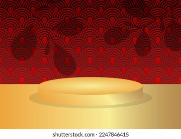 Cylinder pedestal podium with gold. Abstract Mockup product display. Realistic vector 3D room. Stage showcase for product display presentation. Futuristic Sci-fi minimal geometric forms, empty scene.