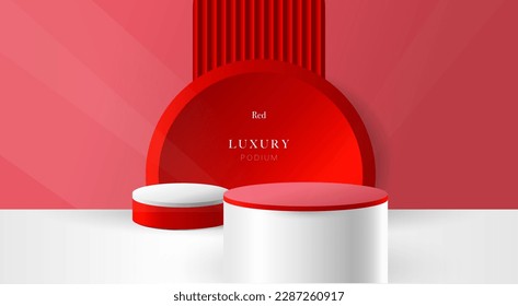 Cylinder pedestal podium. Minimal scene for product display, Stage showcase. Geometric forms design. Horizontal texture in red arch window background. Abstract vector rendering 3d shape