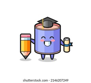 cylinder piggy bank illustration cartoon is graduation with a giant pencil , cute design