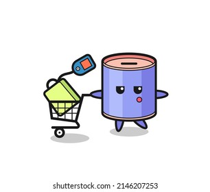 cylinder piggy bank illustration cartoon with a shopping cart , cute design
