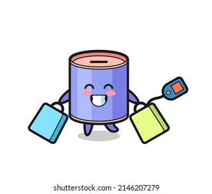 Cylinder Piggy Bank Mascot Cartoon Holding A Shopping Bag , Cute Design