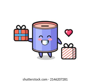 cylinder piggy bank mascot cartoon giving the gift , cute design