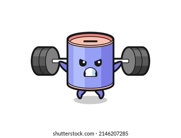 cylinder piggy bank mascot cartoon with a barbell , cute design