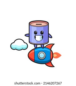 cylinder piggy bank mascot character riding a rocket , cute design