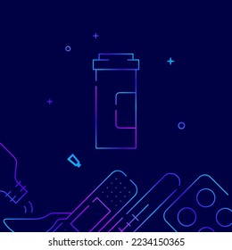 Cylinder pill container gradient line vector icon, simple illustration on a dark blue background, medicine, treatment related bottom border.