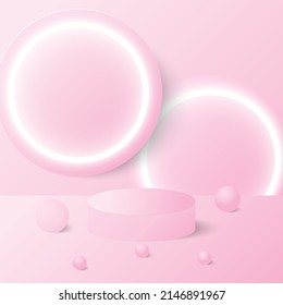 Cylinder pink color background minimal scene with light on stand,platform, podium for the presentation. Scene to show cosmetic showcase, shopfront, display case. Vector illustration.