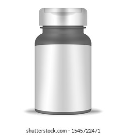 Cylinder plastic bottle with blank label and screw flip top cap, realistic mockup. Round container isolated on white background, vector template. Medical pill pack, mock-up