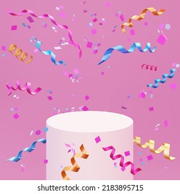 Cylinder podium with 3d realistic colorful confetti and ribbons on light background. Product presentation, mock up, podium, stage pedestal or platform. Vector illustration abstract scene background.