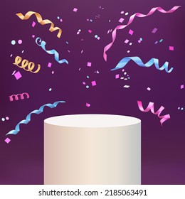 Cylinder podium with 3d realistic colorful confetti and ribbons on dark background. Product presentation, mock up, podium, stage pedestal or platform. Vector illustration abstract scene background.