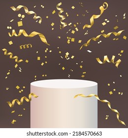 Cylinder podium with 3d realistic gold foil confetti and ribbons. Product presentation, mock up, podium, stage pedestal or platform. Vector illustration abstract scene background.