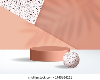 Podio cilíndrico con formas geométricas. Presentación en 3D vacía para la presentación de productos cosméticos