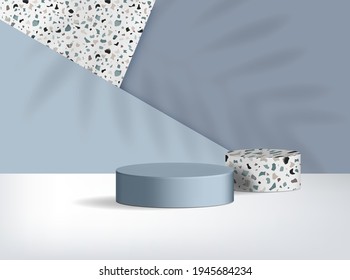 Cylinder podium with geometrical forms. 3D empty showcase for cosmetic product presentation