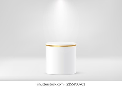 Podio del cilindro con ilustración vectorial de marco dorado. pedestal de plataforma 3D blanco y vacío realista para la visualización de productos en la sala de exposición, luz suave de la luz de foco de la luz de la luz del foco del soporte de estudio redondo de la parte superior