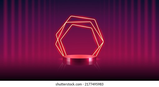 Cylinder Podium with Hexagonal Neon Frame on Dark Blue Background. Vector clip art for your presentation project design in retro style.