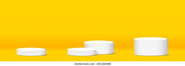 cylinder podium for make-up product display, yellow background, podium stage showcase for advertising cosmetics banner, copy space, vector, 3D illustration