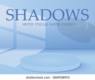 Cylinder podium mockup with blue background and shadow leaves. product presentation, mock up, scene to show cosmetic product, Podium, stage, pedestal or platform. simple clean design, 3d vector