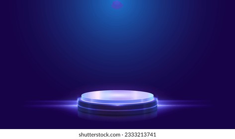 Cylinder podium with neon lights on dark blue background. Digital technology mockup scene, product display, stage showcase. Vector eps10.