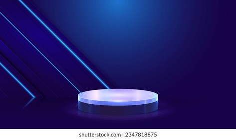 Cylinder podium with neon lights on dark blue background. Digital technology mockup scene, product display, stage showcase. Vector eps10.