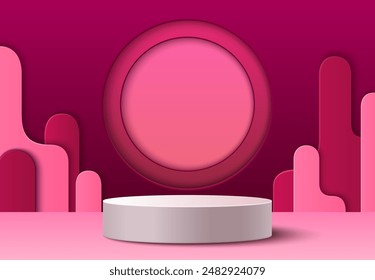 Cylinder podium on abstract color background. Vector realistic illustration of white round platform against wall with pink circle and wavy design elements, pedestal mockup for product presentation