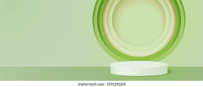 Cylinder podium on green background.Abstract minimal scene with geometric shape of round paper cut,product presentation.3d paper art vector illustration.