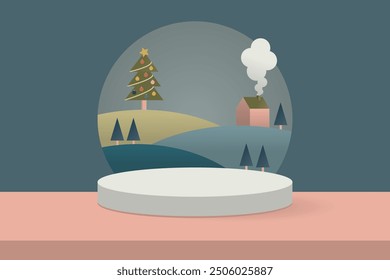 Cylinder Podium on the green Floor with Scenery of Countryside in Christmas Time for Background, Suitable for Premium Product Presentation Backdrop, Display, and Mock up.