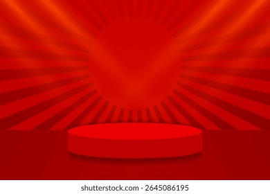 Cylinder Podium on Red Radial Sunburst Background. Minimal Stage Display for Product Presentation. Banner. Wallpaper. Vector Illustration