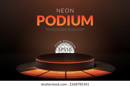 Cylinder podium with orange neon light background. Vector illustration