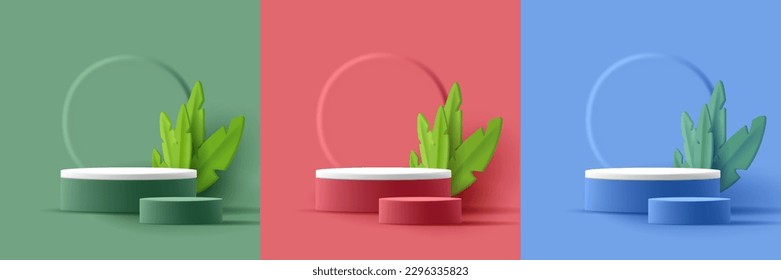 Cylinder podium with palm green tropical leaves in tree colors with convex circle o the backdrop