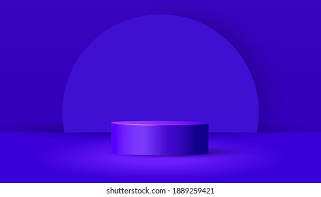 Cylinder podium with paper cut geometric shapes and shadow on a purple background. Minimal scene with geometrical forms for product presentation