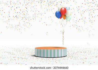 Cylinder podium party concept, blank product stand and balloon, confetti on white background. Vector illustration