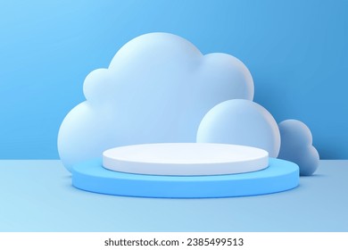 Cylinder podium pedestal 3d cylinder stand with fluffy cloud wall background realistic vector illustration. Round blue showcase empty showroom for childish product presentation advertising display