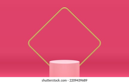 Cylinder podium pink 3d stage with golden squared frame award arena studio background realistic vector illustration. Round pedestal scene premium border geometric decor element product presentation