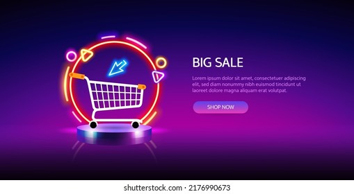 Cylinder Podium with Round Colorful Neon Sale Banner on Blurred Background with Shopping Cart. Vector clip art for your discount project.