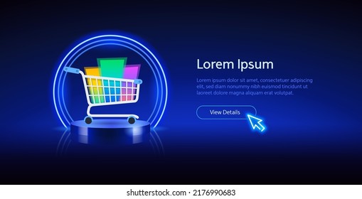 Cylinder Podium with Round Neon Frame and Shopping Cart on Dark Blue Background. Vector Website Template for your business project.