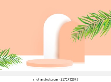 Cylinder podium scene with green leaf plant geometric background.