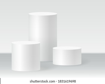 Cylinder podium scene, winner pedestal. White cylinder template for showroom podium scene. Vector white pedestal for product presentation