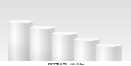 Cylinder podium scene, winner pedestal. White cylinder template for showroom podium scene. Vector white pedestal for product presentation