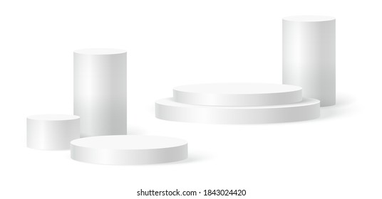 Cylinder podium scene, winner pedestal. White cylinder template for showroom podium scene. Vector white pedestal for product presentation