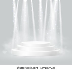 Cylinder podium scene, winner pedestal. White cylinder template for showroom podium scene with spotlight. Bright lighting with spotlights of the stage on grey background