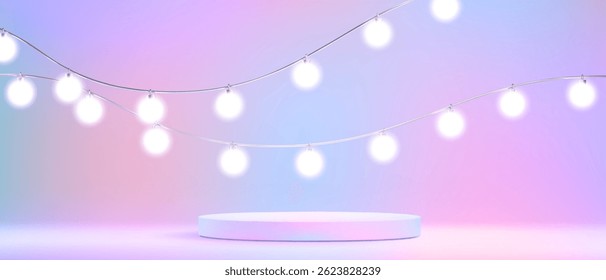 Cylinder podium stage with string light bulbs on gradient purple, pink and blue holographic background. Blank 3d pedestal display with glowing bokeh effect for product showcase or event decoration.