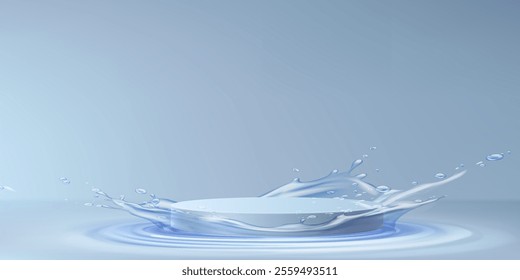 Cylinder podium standing on water surface with swirl splash and drops around blue platform. Pastel 3d scene with stage and liquid for summer or beauty cosmetic product display and promotion.