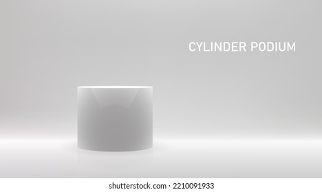 Cylinder podium. Vector white ellipse cylinder mockup. 3d minimalist contest pedestal isolated on a background. Podium platform for the item or award winner. Realistic geometric illustration