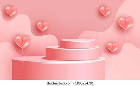 Cylinder podium with wave shape and 3d realistic love balloons on pink background. Minimal scene with geometrical forms for product presentation. Vector illustration